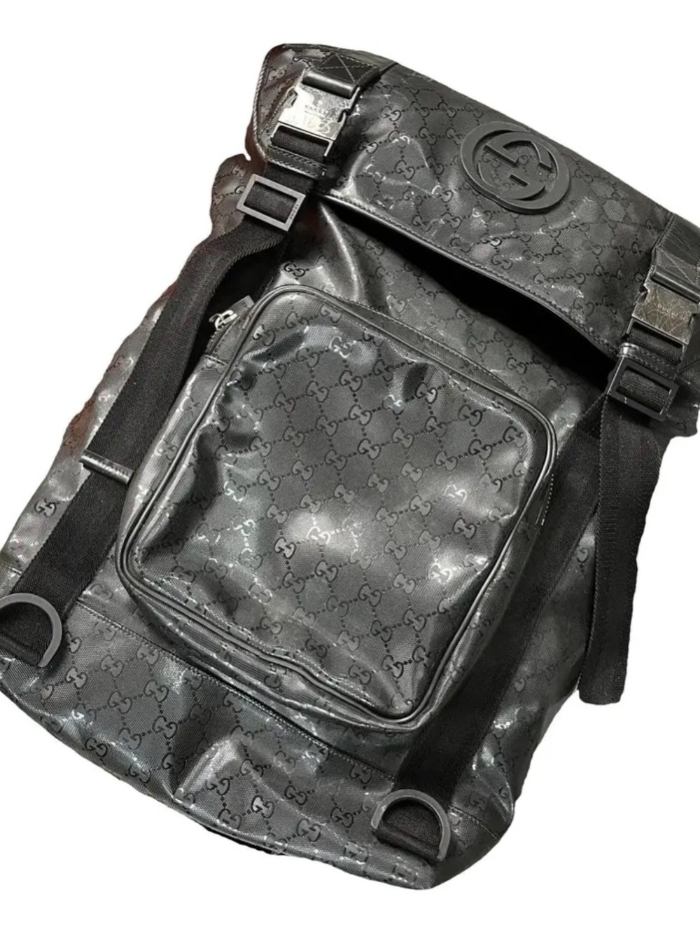 Gucci Black Monogram Backpack with Front Pocket